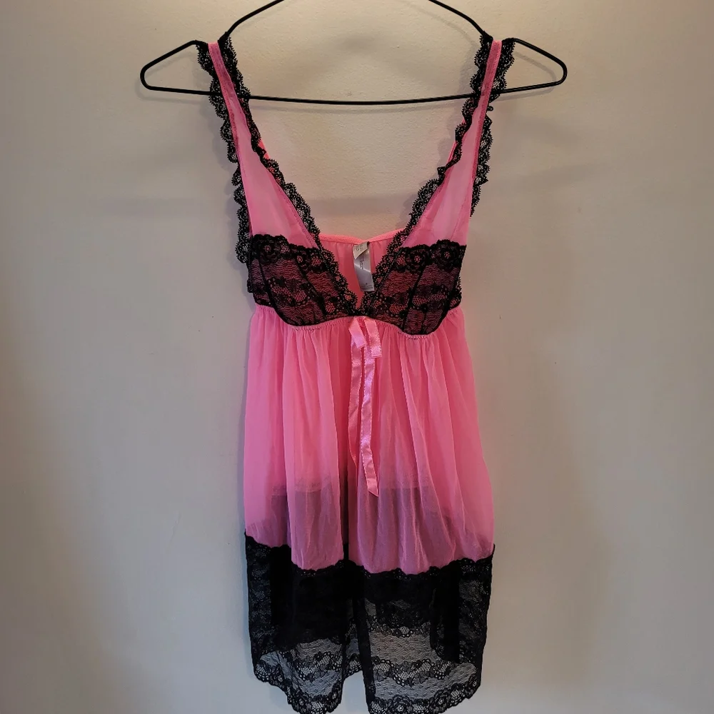 Victoria's Secret Pink and Black Lace Sheer Slip Dress Babydoll - S - Picture 6 of 6